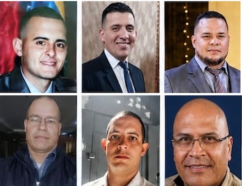 Composición de seis recuadros en dos filas con los retratos individuales de rostro de seis hombres