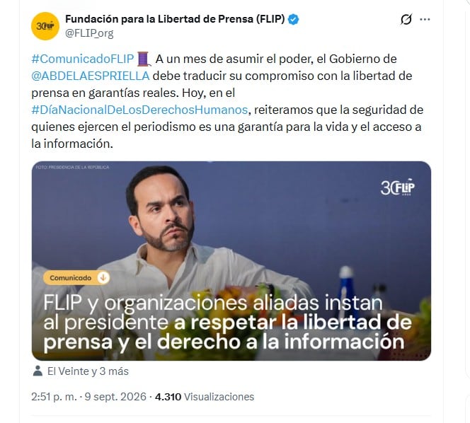 La Flip compartió su comunicado la tarde del miércoles 9 de septiembre de 2026 - crédito @FLIP_org/X