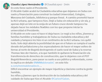 Claudia López acusa a la