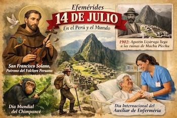 Collage con la imagen de San Francisco Solano, las ruinas de Machu Picchu, un chimpancé y una auxiliar de enfermería atendiendo a una paciente.
