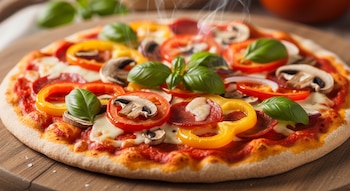 Una pizza sobre tabla de madera con salsa de tomate, queso, pepperoni, pimientos rojos y amarillos, champiñones, rodajas de tomate y hojas de albahaca.