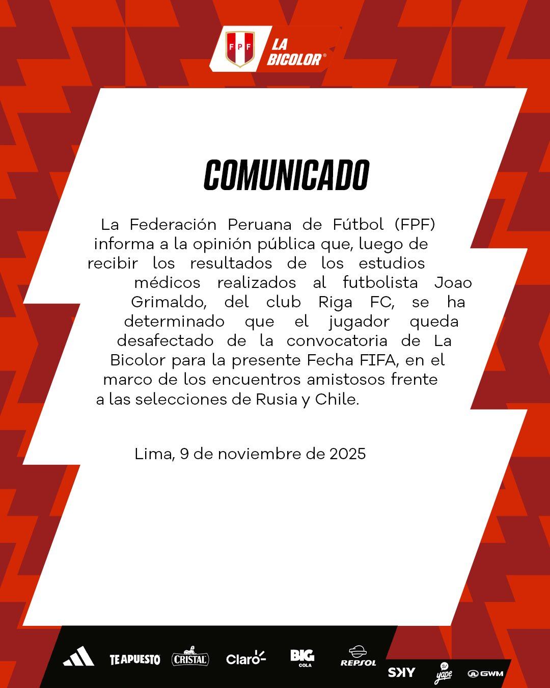 Joao Grimaldo sufrió lesión y no estará presente en los duelos contra Rusia y Chile. Crédito: FPF