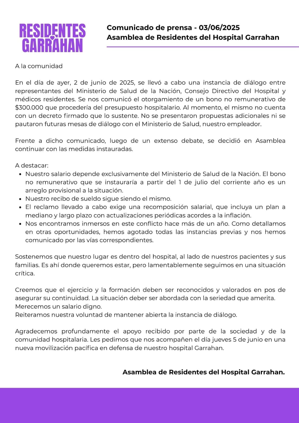 El comunicado de los residentes del Hospital Garrahan