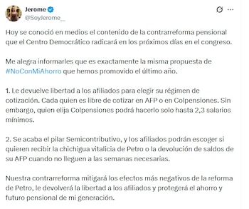 Jerome Sanabria, líder de No con mi ahorro, dice que la contrarreforma devuelve la libertad de elección a los trabajadores - (@soyjerome__/X)