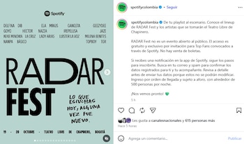 El acceso al RADAR Fest es gratuito y exclusivo para los usuarios clasificados como Top Fans que reciban una invitación directa en la plataforma - crédito Spotify Colombia