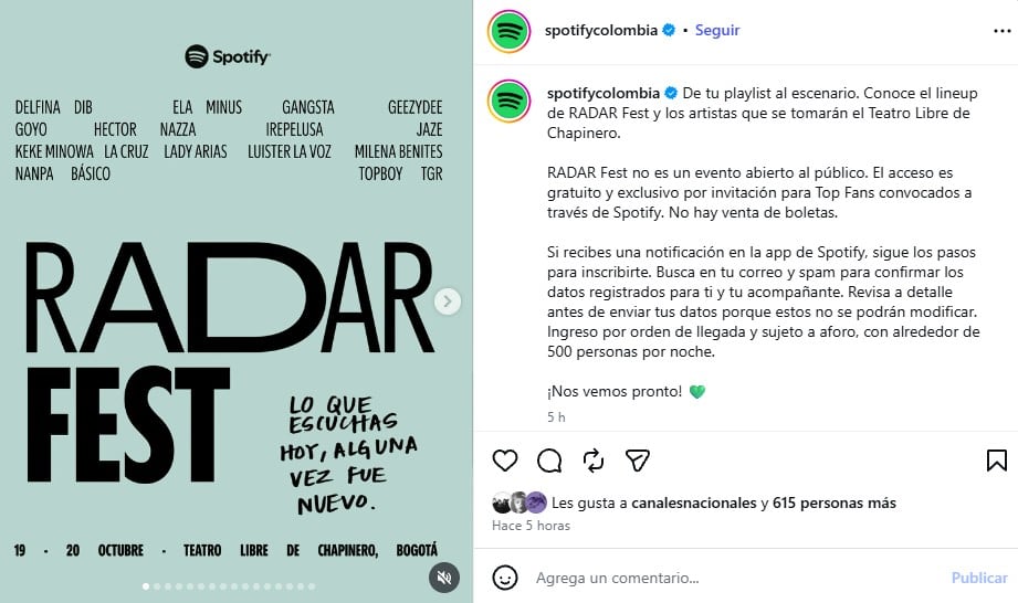 El acceso al RADAR Fest es gratuito y exclusivo para los usuarios clasificados como Top Fans que reciban una invitación directa en la plataforma - crédito Spotify Colombia