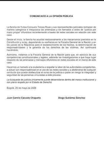 El abogado de la familia, Juan Camilo Caicedo, pidió frenar llamados a justicia por mano propia difundidos en redes sociales - crédito @JuanCaicedoCh/X