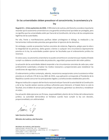 Comunicado Ministerio de Justicia - crédito Ministerio de Justicia y del Derecho de Colombia