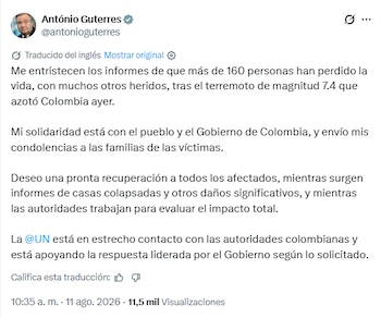 El secretario general de la ONU, Antonio Guterres, expresó su solidaridad con Colombia tras el terremoto de magnitud 7,4. - crédito @antoniogutierres/X