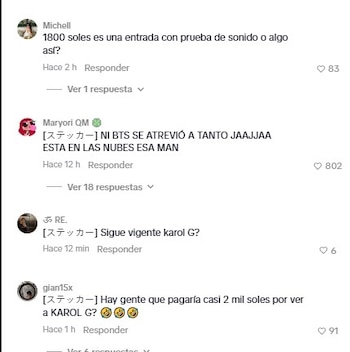 Captura de pantalla de comentarios en una plataforma social. Se ven usernames, texto en español, números de likes y menciones de Karol G y precios de entradas
