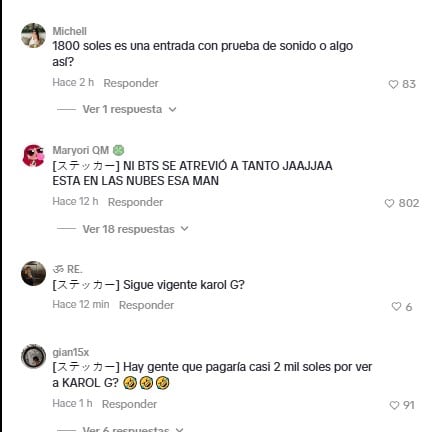 Capturas de pantalla muestran comentarios de usuarios en redes sociales expresando su asombro y desaprobación por los altos precios de las entradas para el concierto de Karol G en Lima.