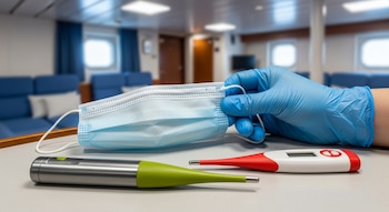 Mano con guante azul sostiene mascarilla médica. Sobre la mesa, un termómetro digital rojo y otro plateado-verde. Fondo desenfocado de cabina de crucero.