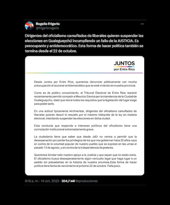 Tuit de Rogelio Frigerio, candidato