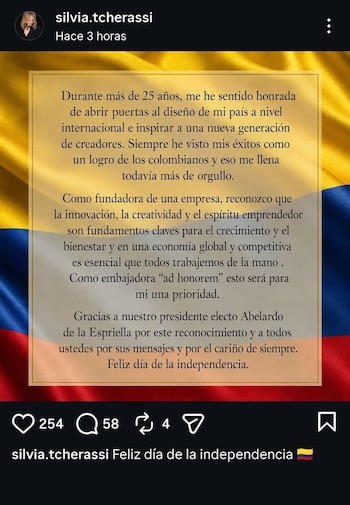 La diseñadora aprovechó la jornada festiva para agradecer a De la Espriella por su nombramiento - crédito Silvia Tcherassi / Instagram