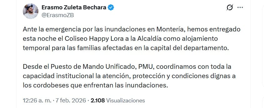 Zuleta afirmó que se continúa en máxima alerta por cuenta del segundo frente frío que se presenta en la región Caribe colombiana durante lo corrido de 2026 - crédito @ErasmoZB/X