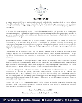 Golpe a a la Luz del Mundo: tribunal federal niega mociones de Naasón Joaquín rumbo a su juicio en Nueva York. @iglesialldm