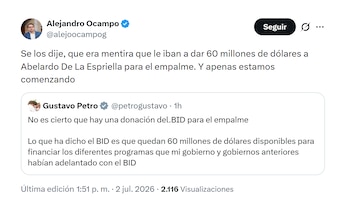 Alejandro Ocampo sobre dineros del BID al Gobierno De la Espriella