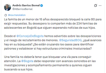 Este fue el mensaje de Andrés Barrios sobre las desapariciones de menores en Bogotá - crédito @ABarriosBernal/X