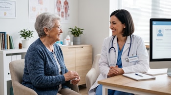 Una doctora vestida con bata blanca y estetoscopio habla con una mujer de edad avanzada sentada frente a un escritorio con pantalla.