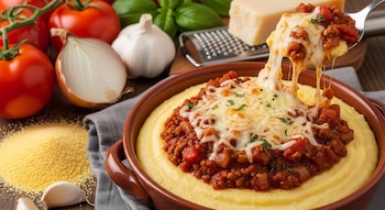 Polenta con salsa de carne y queso fundido en un tazón, con una cuchara levantando una porción y mostrando el queso estirado. Se ven tomates, cebolla, ajo y polenta seca.