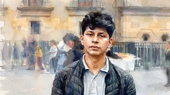 Retrato en acuarela de un joven de tez morena y cabello oscuro, mirando directamente, con camisa y chaqueta, fondo urbano borroso.