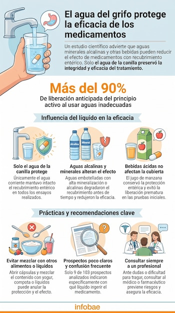 Infografía sobre la ingesta de medicamentos. Muestra una mano vertiendo agua del grifo en un vaso con una pastilla, y viñetas de aguas minerales, zumo de manzana y consejos.