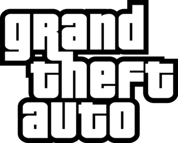Texto con las palabras Grand Theft Auto en letras blancas con contorno negro sobre fondo transparente