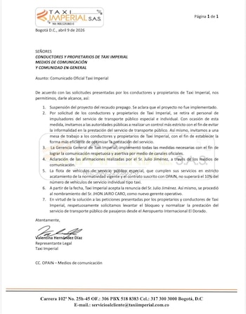 Salió el gerente de Taxi Imperial Julio Jiménez, por petición de los taxistas de la empresa - crédito Taxi Imperial S.A.S