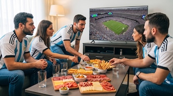 Cinco personas con camisetas de Argentina ven un partido de fútbol en un televisor. En la mesa hay queso, fiambre, aceitunas y grisines.