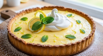 Tarta de limón redonda con crema batida, rodajas de limón, hojas de menta y ralladura de lima. Se apoya en una tabla de madera con azúcar glas.
