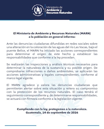 Comunicado oficial del Ministerio de Ambiente de Guatemala sobre la alteración en las aguas del río Las Vacas, del 14 de septiembre de 2026