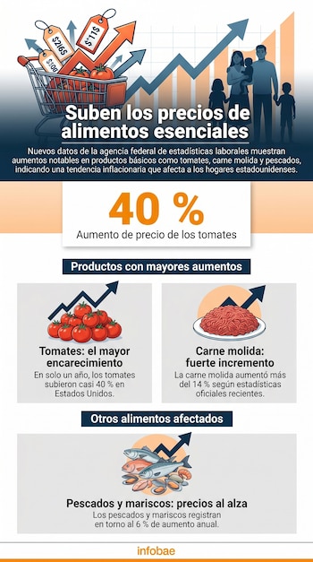 Infografía que muestra un carrito de compras con tomates y etiquetas de precios, una familia preocupada, y gráficos sobre el aumento de precios de alimentos.