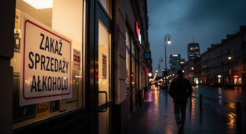 Cartel de "Prohibición de venta de alcohol" en polaco en un escaparate. Un hombre camina por una calle mojada de Varsovia bajo luces de la ciudad al anochecer.