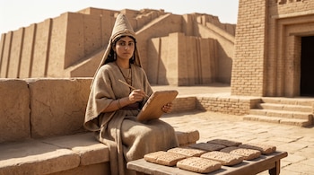 Una mujer vestida con túnica y tocado escribe con un punzón en una tablilla de arcilla frente a varias tablillas y una estructura de adobe.