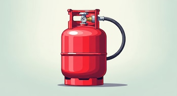 Imagen de un tanque de gas LP rojo con su válvula y manguera de conexión, sobre un fondo claro y liso. El tanque es pequeño y de uso doméstico.