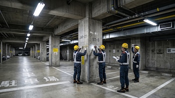 Cuatro inspectores con cascos amarillos y chalecos reflectantes miden una columna de hormigón en un estacionamiento subterráneo.