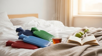 Cuatro bolsas de agua caliente de colores rojo, azul claro, azul oscuro y verde, una taza de té, un libro abierto y tres manzanas verdes sobre una cama.