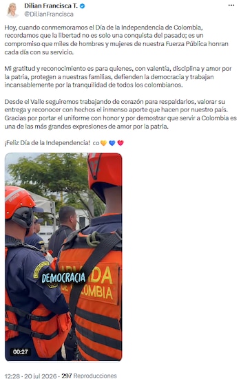 Dilian Francisca Toro resaltó el compromiso de la Fuerza Pública con la seguridad y la democracia - crédito @DilianFrancisca/X