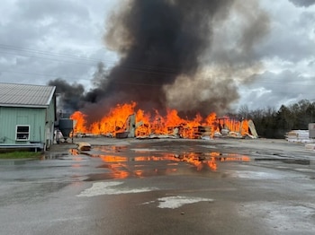 Un gran incendio en un aserradero con intensas llamas naranjas y humo negro denso. Un edificio verde está a la izquierda y el suelo mojado refleja el fuego