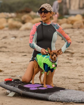 Una mujer y su perro superaron el cáncer y ahora surfean juntos en competencias