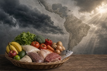 Una cesta con frutas, verduras, carnes, granos y un pescado sobre una mesa de madera, con el mapa de América Latina y un cielo nublado de fondo.