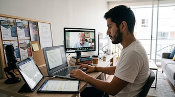 Un joven con barba sentado en un escritorio usa una laptop, un monitor con videollamada y dos tabletas. Hay un micrófono, libros, café y un tablero de anuncios.