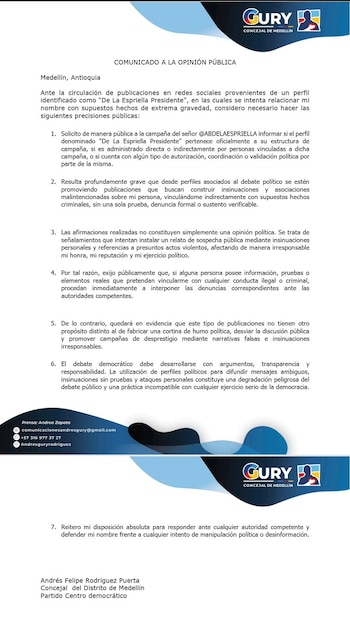 Gury Rodríguez pidió pruebas ante acusaciones y rechazó estrategias de desprestigio por parte de seguidores de Abelardo de la Espriella - crédito @AndresGuryRod/X