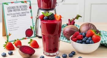 Vaso de licuado de betabel con frutos rojos, guarnición de bayas y menta, junto a remolachas, fresas, arándanos, frambuesas, una batidora y una receta.