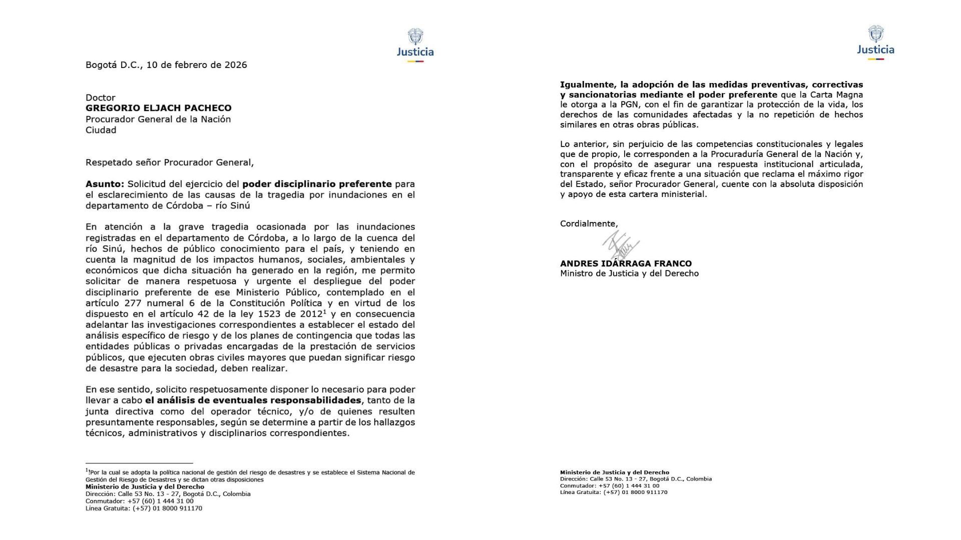 El ministerio de Justicia pidió a la Procuraduría que investigue si hay causas responsables de las inundaciones en el Córdoba - crédito Ministerio de Justicia