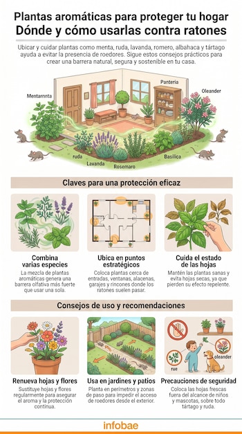 Infografía que ilustra cómo usar plantas aromáticas como menta, lavanda y ruda para repeler ratones en casa y jardín, con consejos de ubicación y cuidado.