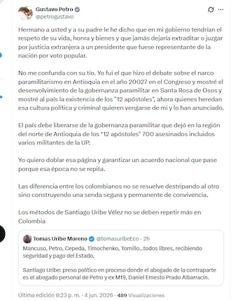 El presidente Gustavo Petro rechazó crítica de Tomás Uribe sobre la condena contra Santiago Uribe en la que lo mencionó - crédito @petrogustavo/X