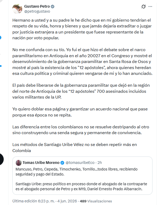 El presidente Gustavo Petro rechazó crítica de Tomás Uribe sobre la condena contra Santiago Uribe en la que lo mencionó - crédito @petrogustavo/X