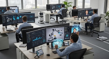Oficina moderna con empleados trabajando en computadoras, pantallas muestran robots, gráficos de IA y asistentes virtuales. Un robot de servicio se ve en el pasillo.