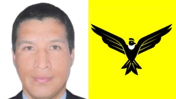 Fotografía de un hombre a la izquierda y el logotipo del Partido Aprista Peruano con un ave negra sobre fondo amarillo a la derecha